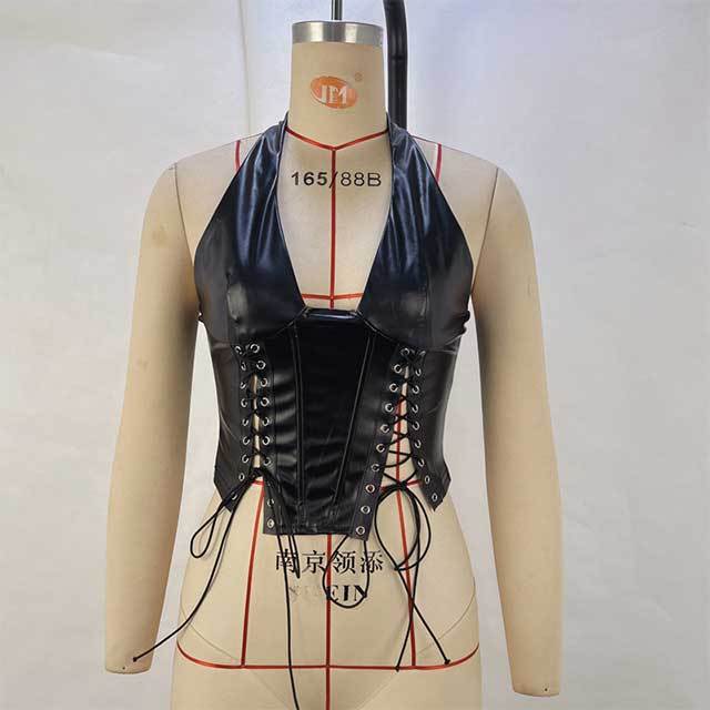 Halter Neck Laced Up Leather Top