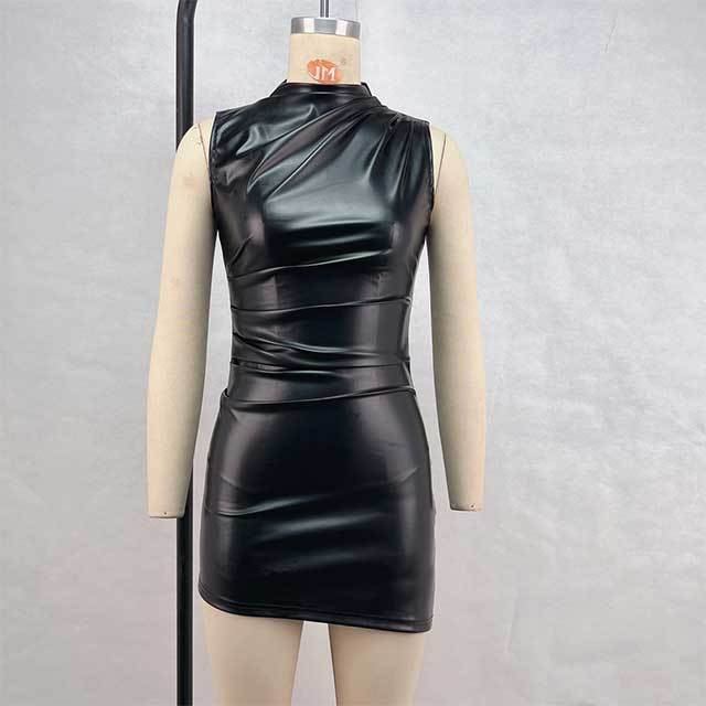 Sleeveless Ruched Leather  Bodycon Dress