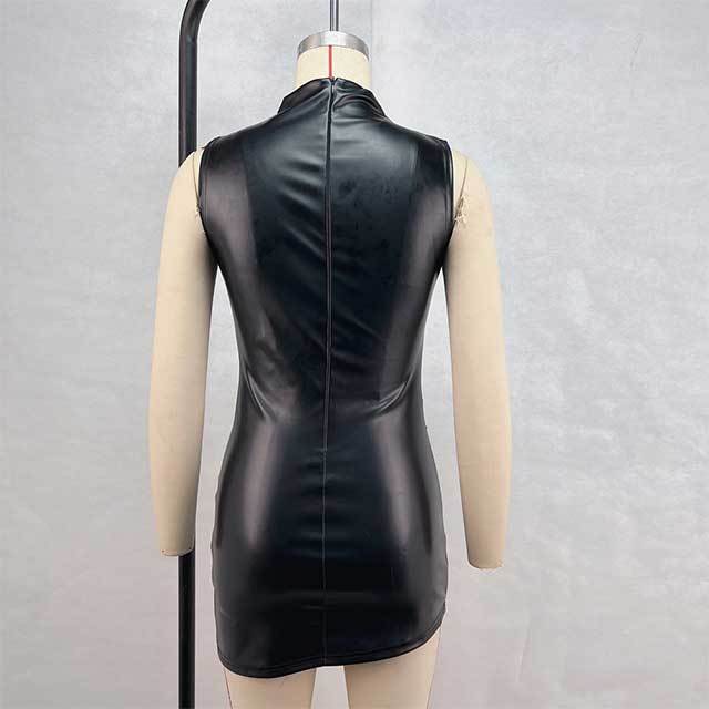 Sleeveless Ruched Leather  Bodycon Dress