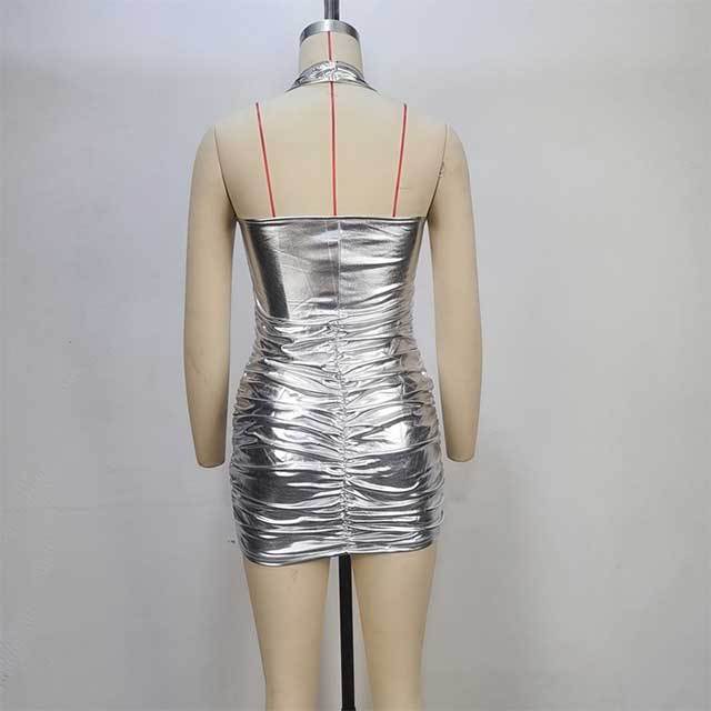 Zip Down Halter Neck Ruched Leather Dress