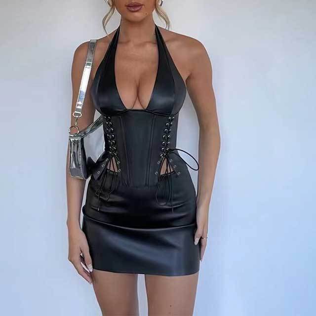 Halter Neck Laced Up Leather Top