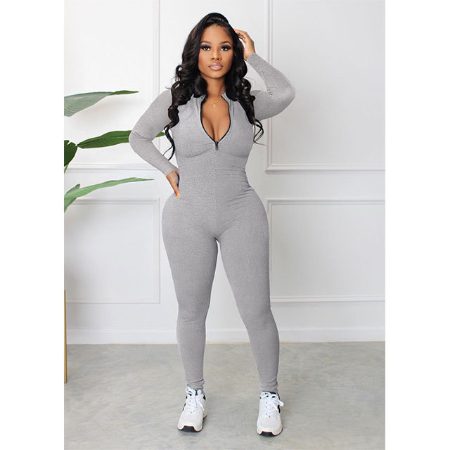 Rib Zip-up Sports Jumpsuit