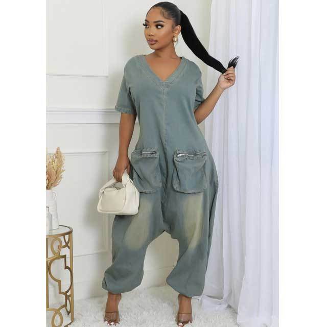 Denim Cargo Jumpsuit