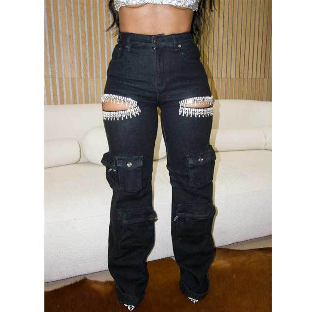 Diamond Embellished Hollow Out Cargo Jeans