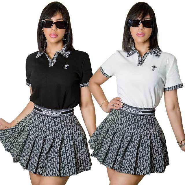 Printed Polo Top Pleated Skirt Set
