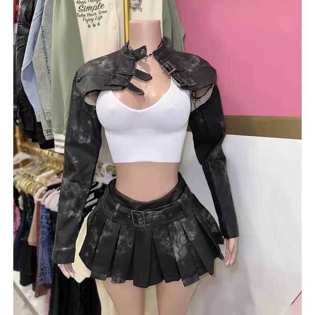 Buckle Strap Crop Jacket Top Pleated Skirt Set