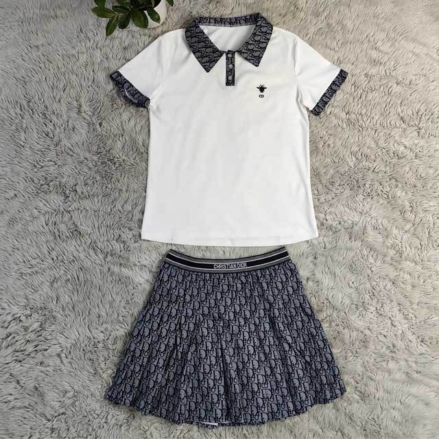 Printed Polo Top Pleated Skirt Set