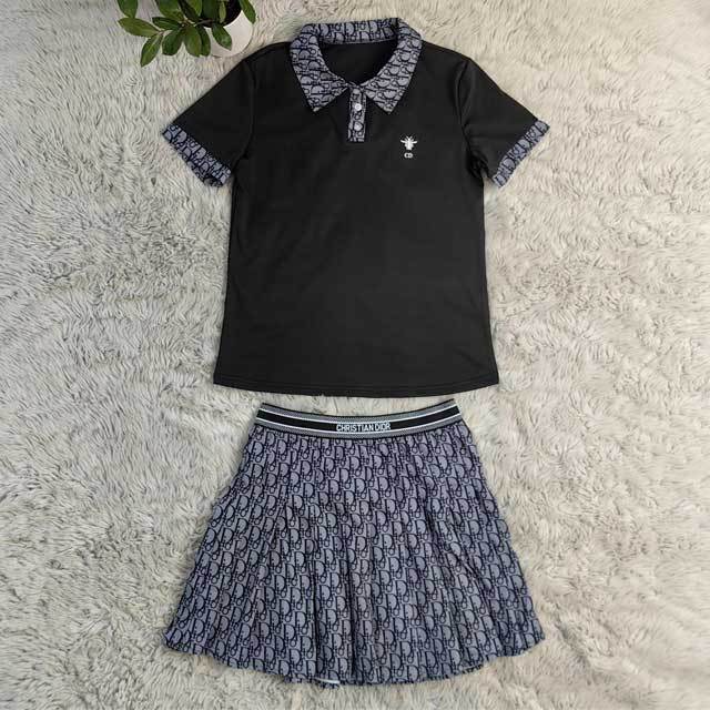 Printed Polo Top Pleated Skirt Set