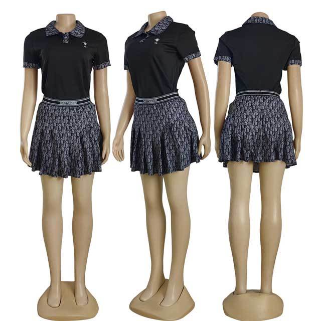 Printed Polo Top Pleated Skirt Set
