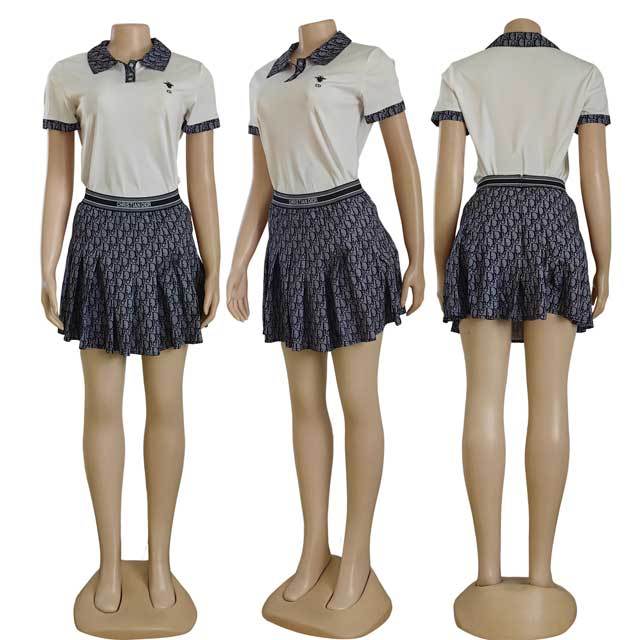 Printed Polo Top Pleated Skirt Set