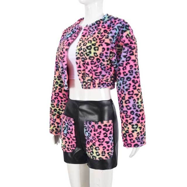 Colorful Leopard Furry Jacket Top Leather Short Set