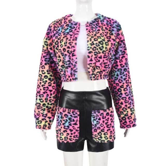 Colorful Leopard Furry Jacket Top Leather Short Set
