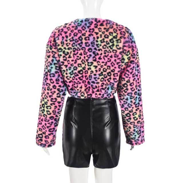 Colorful Leopard Furry Jacket Top Leather Short Set