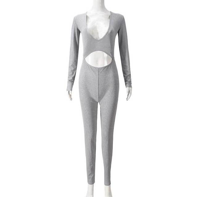 Hollow Out Long Sleeve Ribbed Jumpsuit