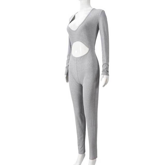 Hollow Out Long Sleeve Ribbed Jumpsuit