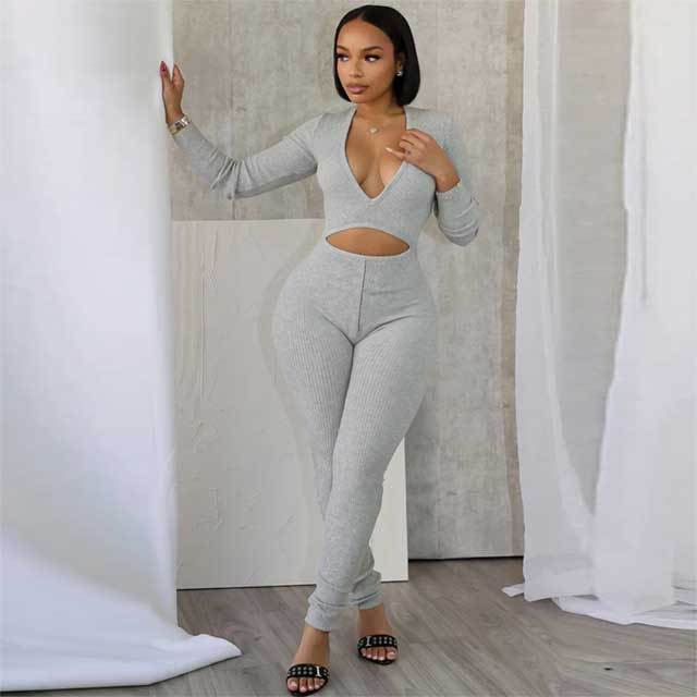 Hollow Out Long Sleeve Ribbed Jumpsuit