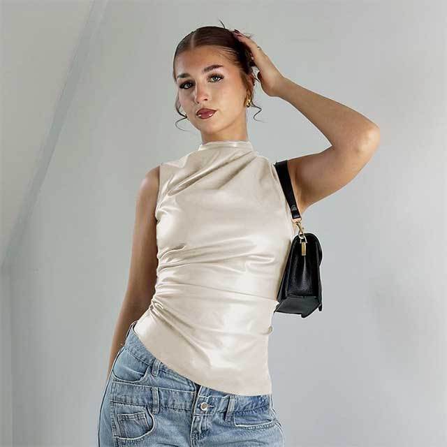 Leather Stack Collar Sleeveless Top