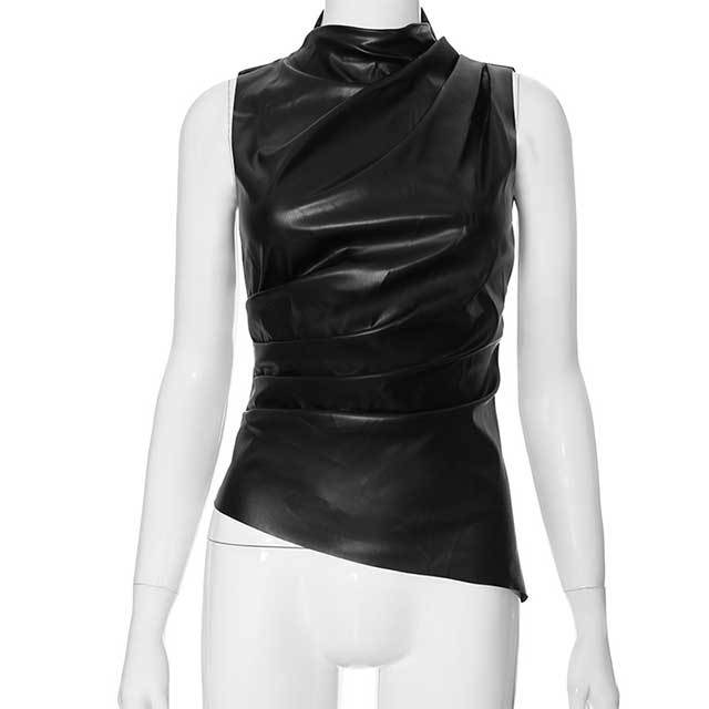 Leather Stack Collar Sleeveless Top