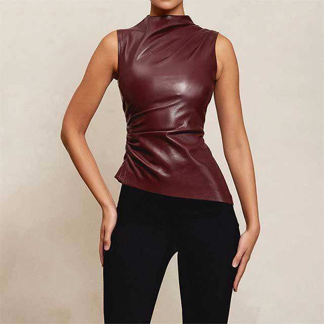 Leather Stack Collar Sleeveless Top