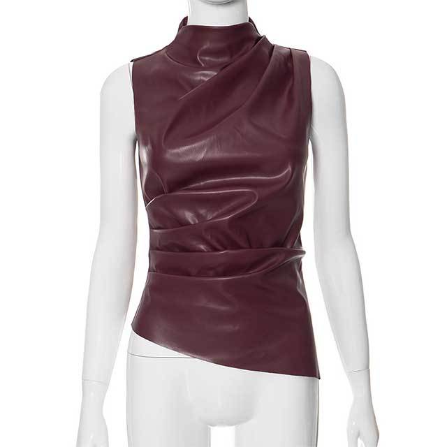 Leather Stack Collar Sleeveless Top