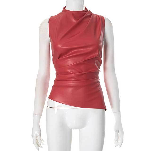 Leather Stack Collar Sleeveless Top