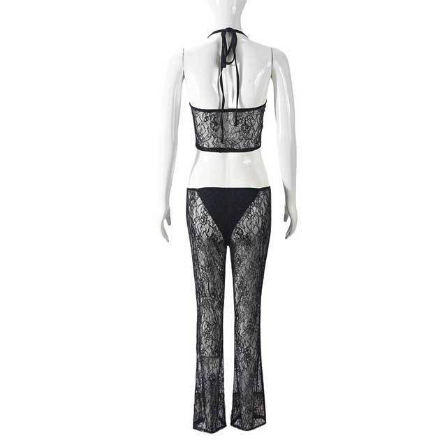See Through Lace Halter Top Casual Pants Set