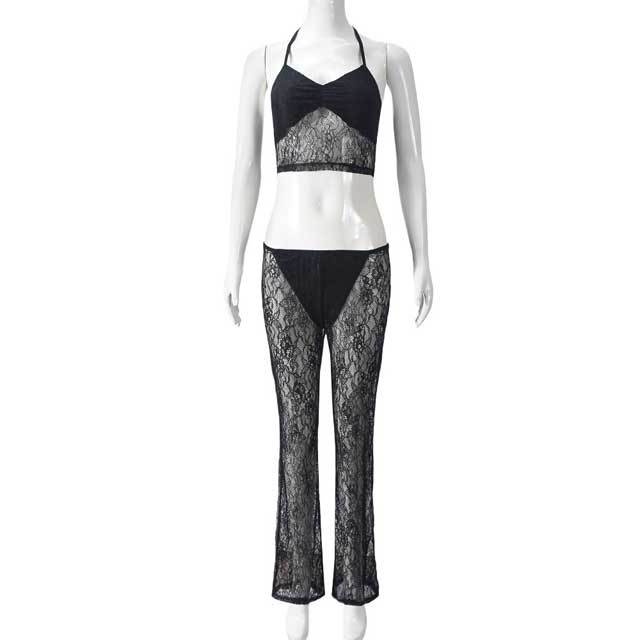 See Through Lace Halter Top Casual Pants Set
