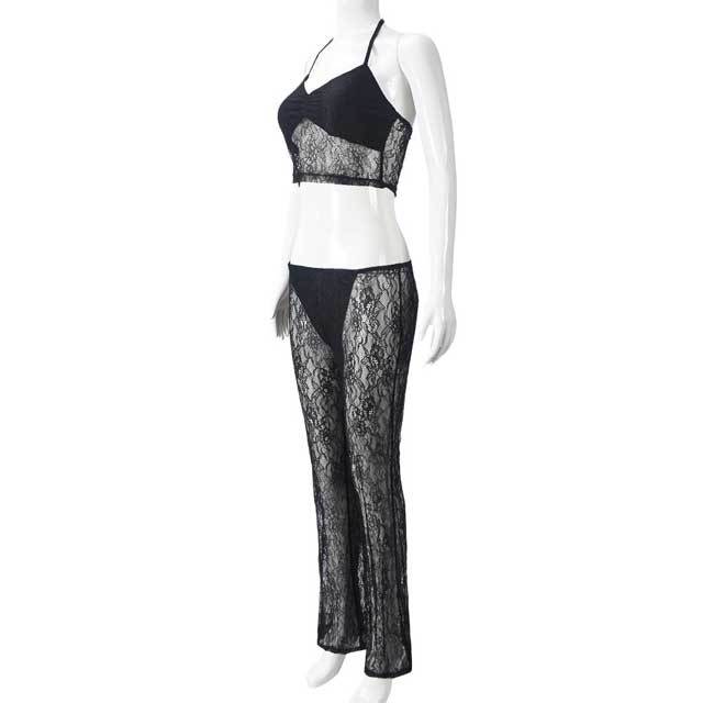 See Through Lace Halter Top Casual Pants Set