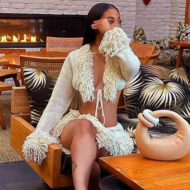 Woolen V-neck Strappy Short Skirt Suit