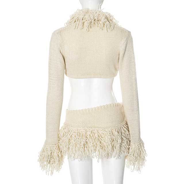 Woolen V-neck Strappy Short Skirt Suit