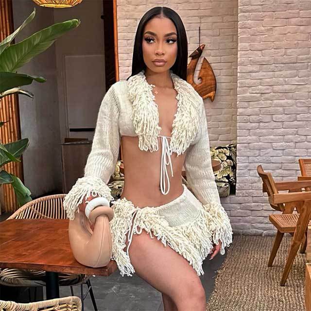 Woolen V-neck Strappy Short Skirt Suit
