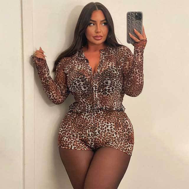 Leopard Print Mesh Top Short Set
