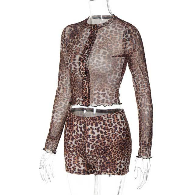 Leopard Print Mesh Top Short Set