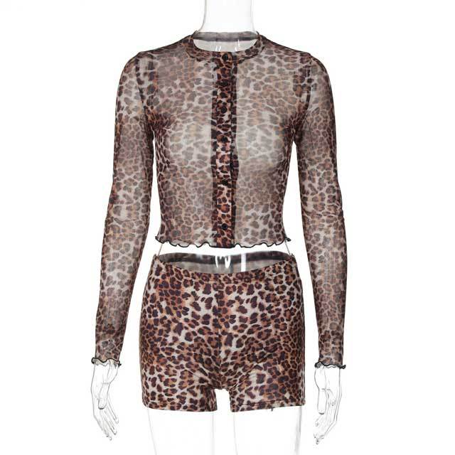 Leopard Print Mesh Top Short Set