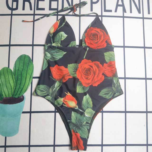 Floral Print Halter Backless Swimsuit