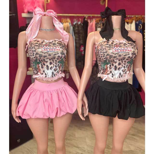 Leopard Print Tube Top Bubble Skirt Set