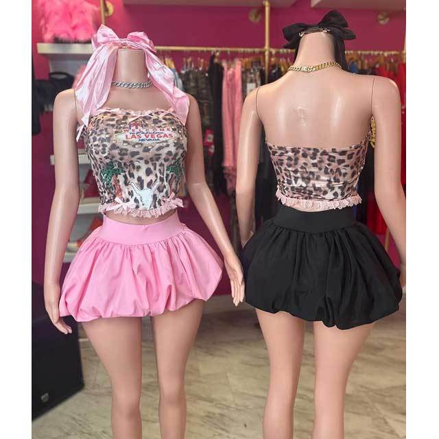 Leopard Print Tube Top Bubble Skirt Set