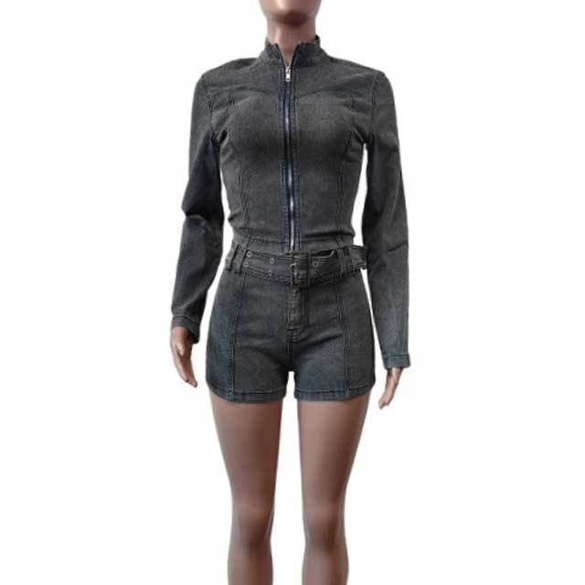 Washed Denim Zip Up Top Short Set