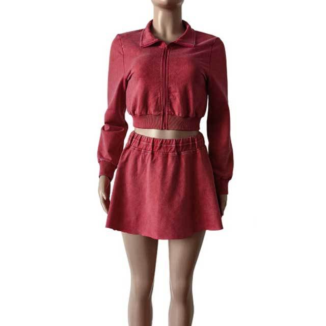 Washed Distressed Jacket Top Mini Skirt Set