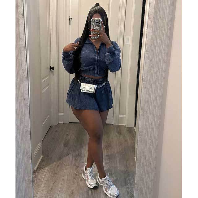 Washed Distressed Jacket Top Mini Skirt Set