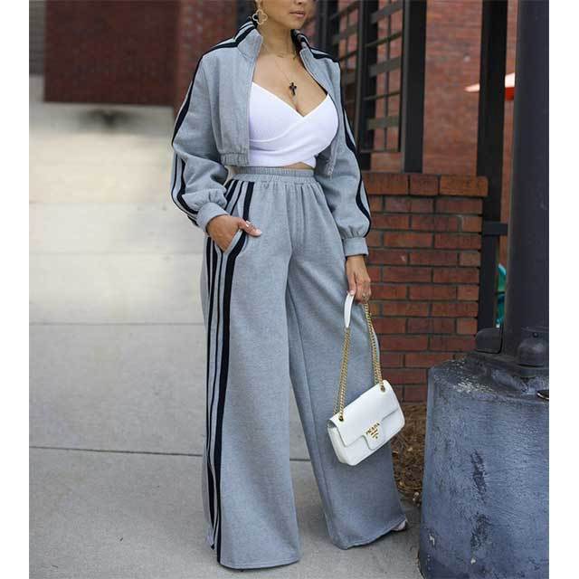 Casual Style Striped Wide Pants Jogging Suit
