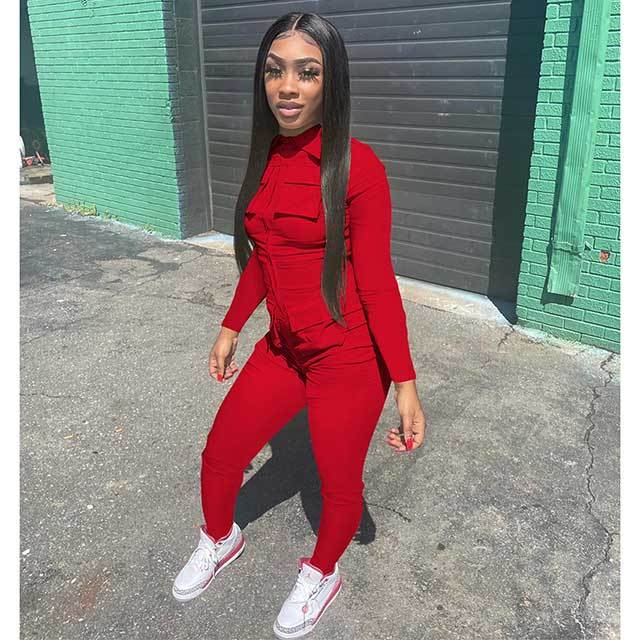 Solid Color Pockets Cargo Jumpsuit