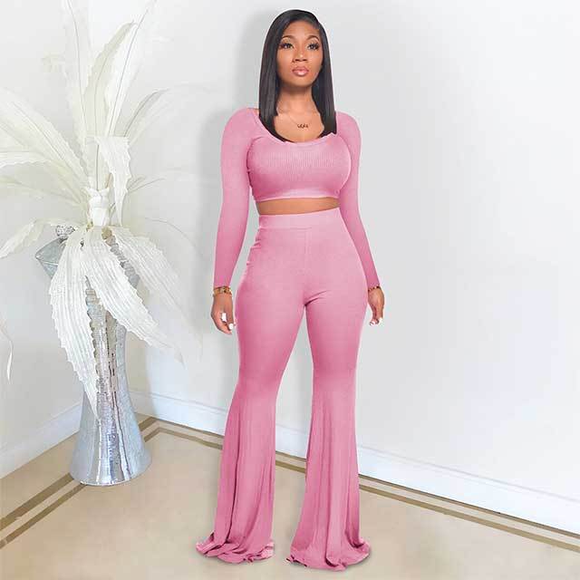 Solid Color Slim Fit Flared Pants Suit