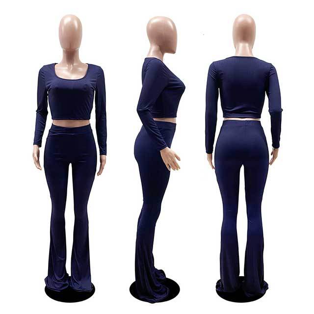 Solid Color Slim Fit Flared Pants Suit