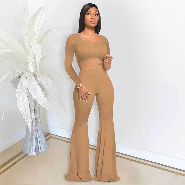 Solid Color Slim Fit Flared Pants Suit