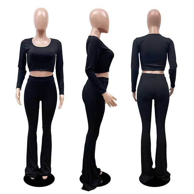 Solid Color Slim Fit Flared Pants Suit