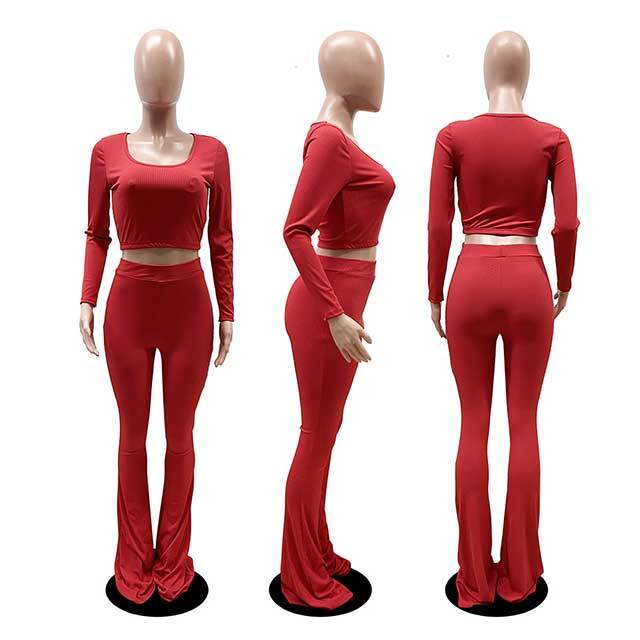 Solid Color Slim Fit Flared Pants Suit