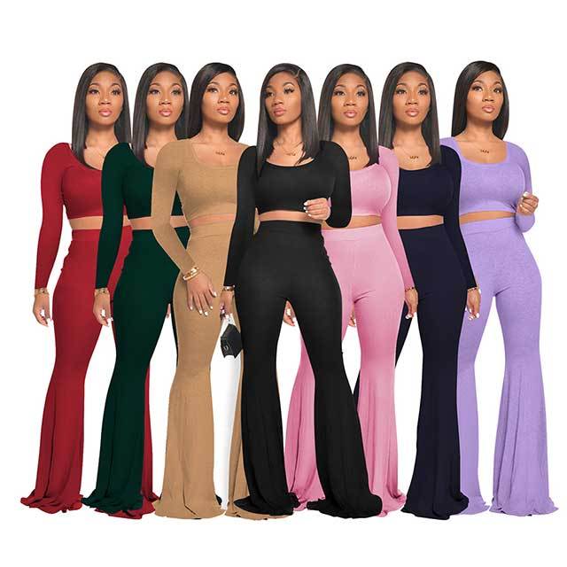 Solid Color Slim Fit Flared Pants Suit
