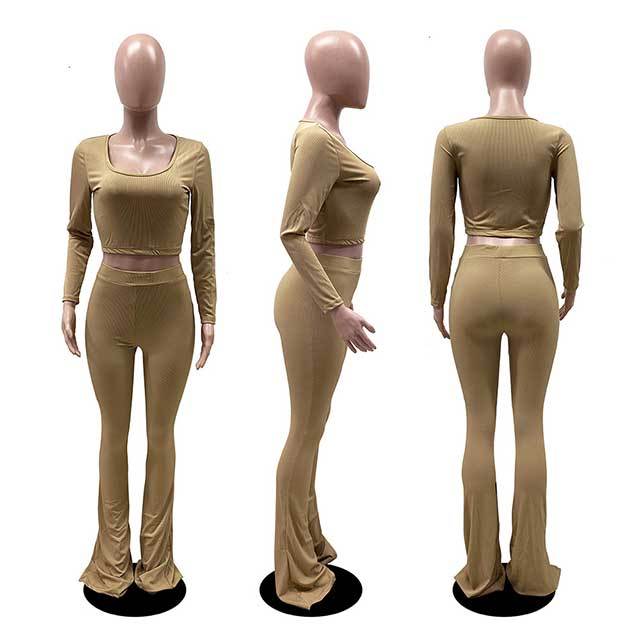 Solid Color Slim Fit Flared Pants Suit
