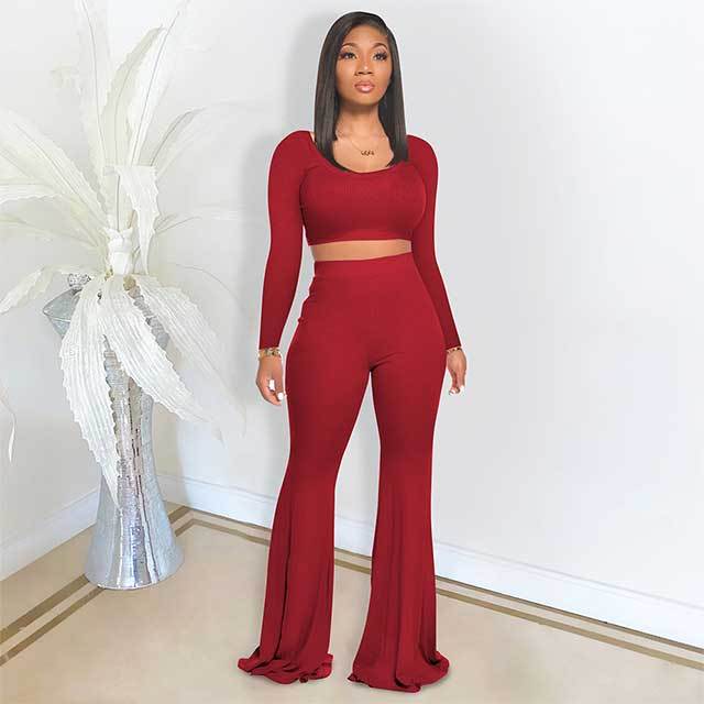 Solid Color Slim Fit Flared Pants Suit